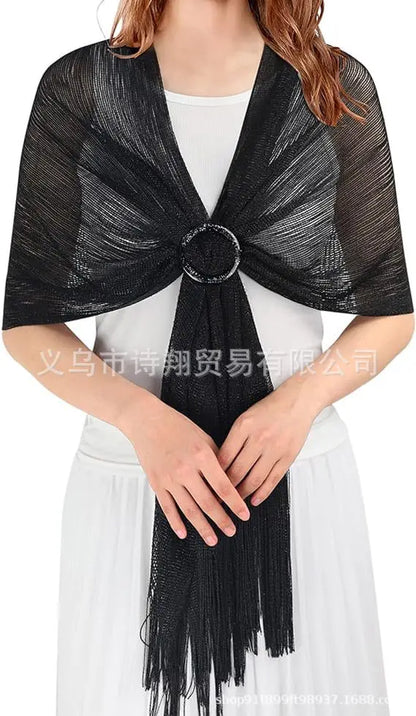 Gold & Silver Thread Tassel Scarf – Elegant Beach, Wedding & Party Fashion Shawl Accessory SJ15