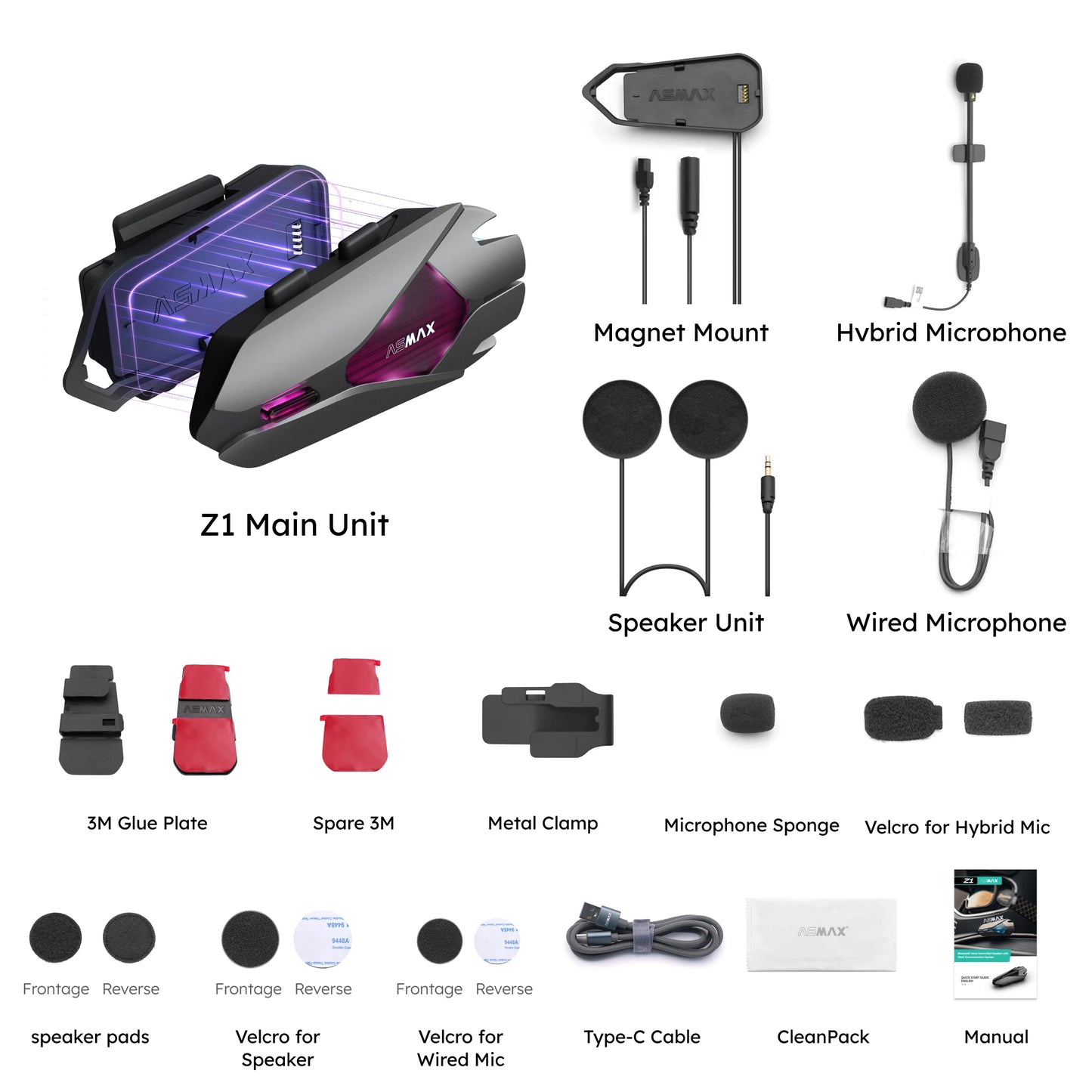 ASMAX Z1 Motorcycle Bluetooth Intercom — IP67 Waterproof Helmet Headset with 2 Chips, 8-Core, HiFi Speakers, ENC & 42-Min Fast Charging