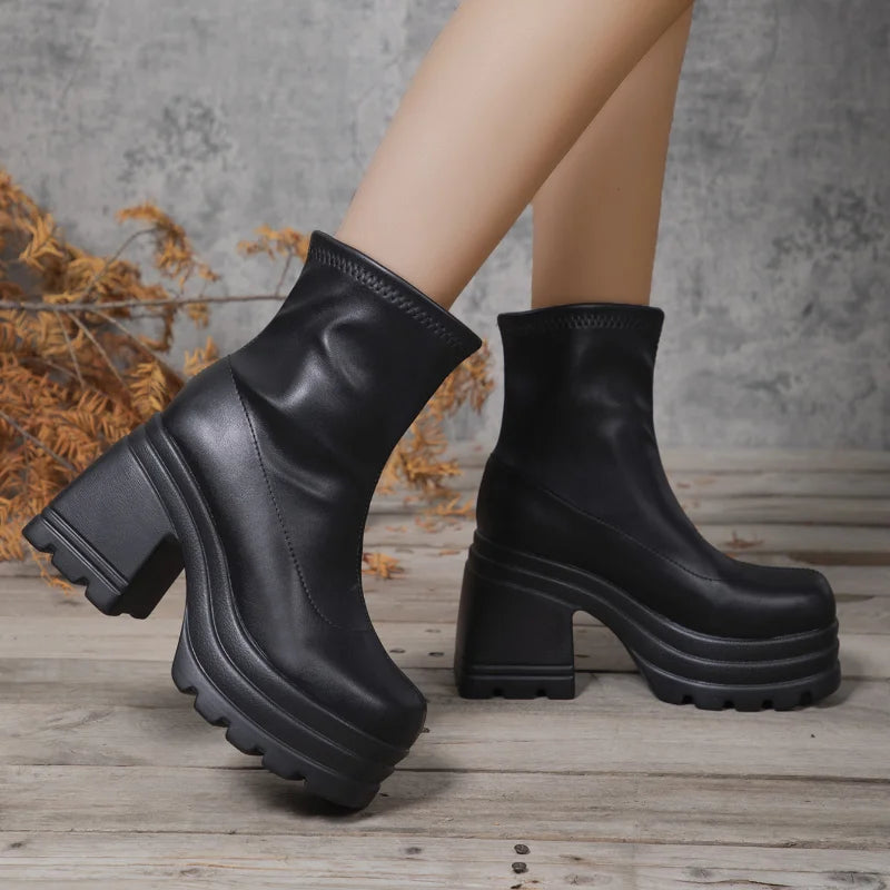 Women’s New Fashion Short Boots – Sexy Leather, Square Toe, Zipper High Heels, Casual Thick-Soled Shoes Zapatos