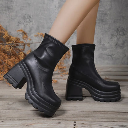 Women’s New Fashion Short Boots – Sexy Leather, Square Toe, Zipper High Heels, Casual Thick-Soled Shoes Zapatos