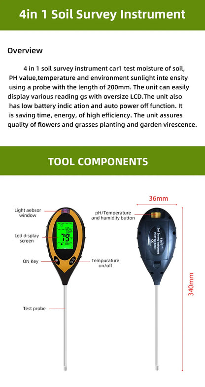4 in 1 Soil Instrument - Illuminance, pH, Temperature & Humidity Test Detector with Digital Display and Backlight