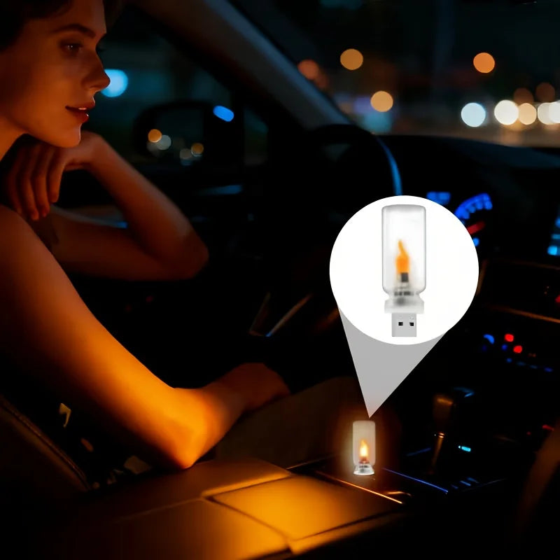 USB LED Flame Night Light - Flickering Dynamic Flame Lamp with Frosted Glass for Car Interior & Home Decor
