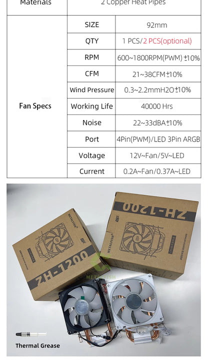METALFISH ZH1200 CPU Cooler — 2 Heatpipe ARGB Radiator with 4-Pin PWM Silent Fan for Intel LGA 1700/1200/115X/1366/2011 & AMD AM5/AM4/AM3