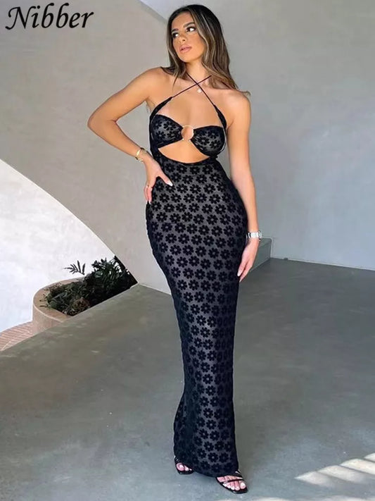 Nibber Solid Color Maxi Dress: Sexy Hollow Perspective Women's Fashion - Street Trendy Clothing for Bag Hips Robe