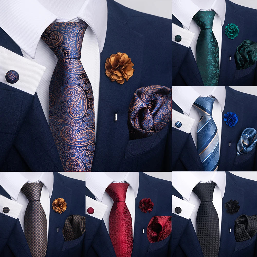 Luxury Men's Floral Black and Gold Tie Set - Paisley Necktie with Pocket Square, Cufflinks and Brooch for Weddings and Parties
