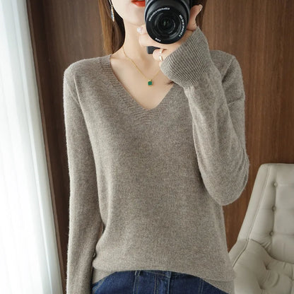 New Women’s Cashmere V-Neck Pullover – Lace Hollow Out Long Sleeve Knitted Sweater for Fall & Winter