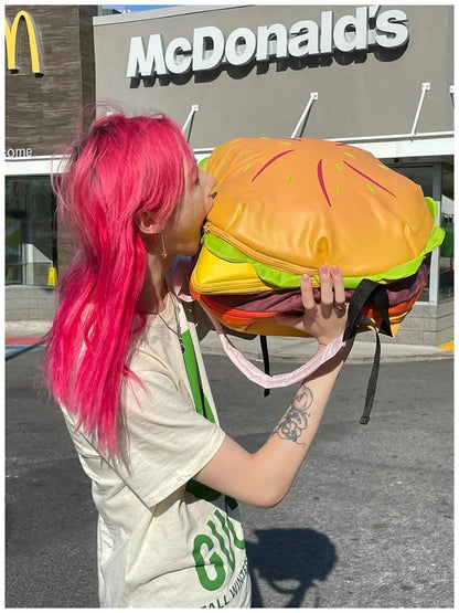 Stylish Hamburger PU Daypack Backpack – Casual Zipper Laptop Bag for Travel, Outdoor, and Unisex Use