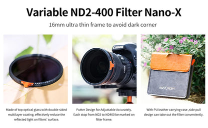 K&F Concept Variable ND Filter ND2–ND400 | HD Adjustable Neutral Density Lens Filter, 49mm–82mm