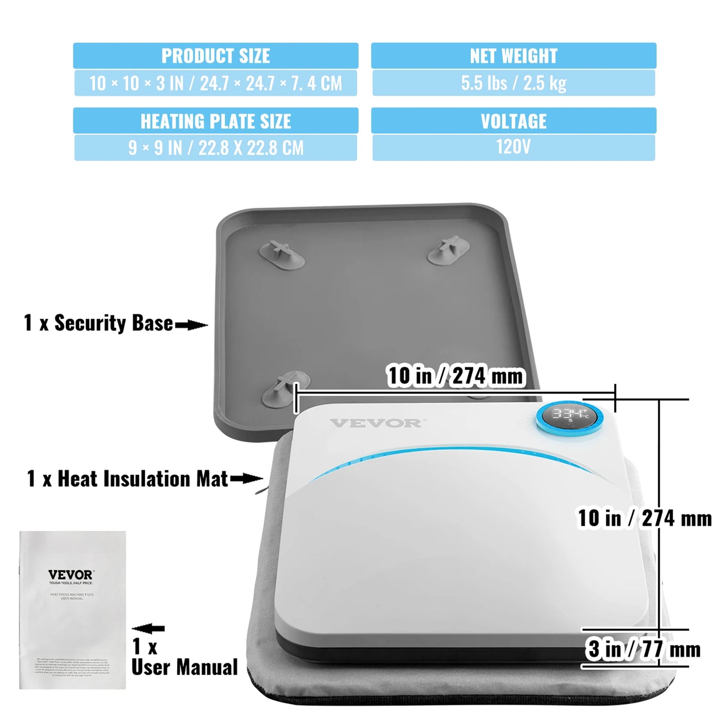 VEVOR Portable Heat Press Machine - 9x9/12x10 Inch, DIY Shirt Printing, Multifunctional Sublimation Transfer for HTV Vinyl, T-Shirt & Bag