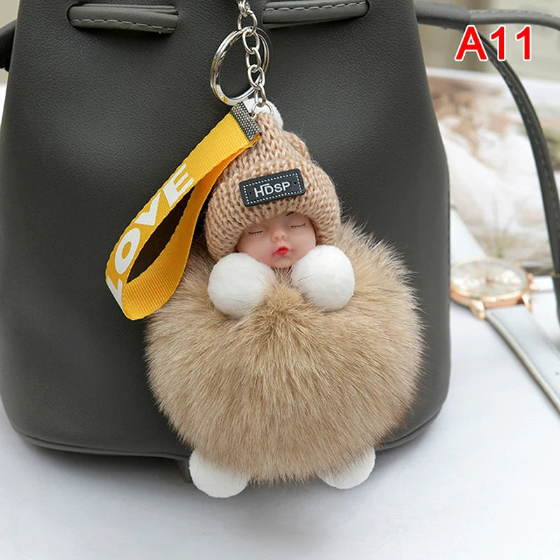 Cute Pompom Sleeping Baby Keychain - Fluffy Plush Doll Bag Charm, Key Ring & Gift for Women and Girls