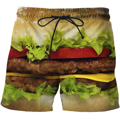 3D Sausage Print Beach Shorts - Funny Food Graphic Elastic Waist Swim Trunks for Men