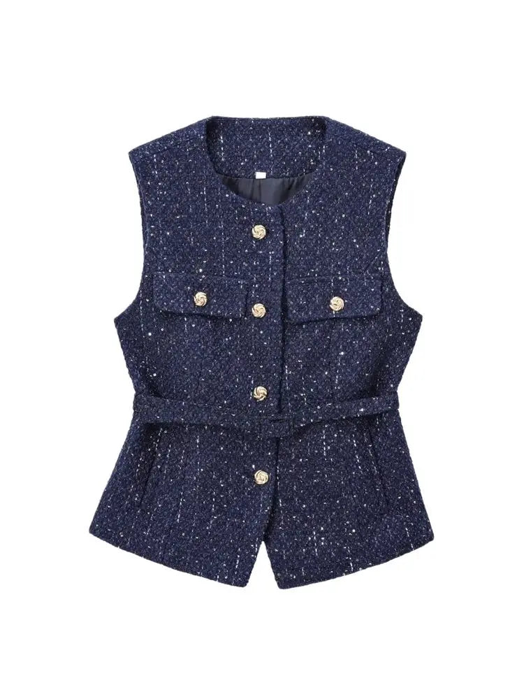 TRZA Women’s Tweed Waistcoat — Sleeveless O-Neck Top with Belt & Front Buttons, Chic Fashion Outerwear