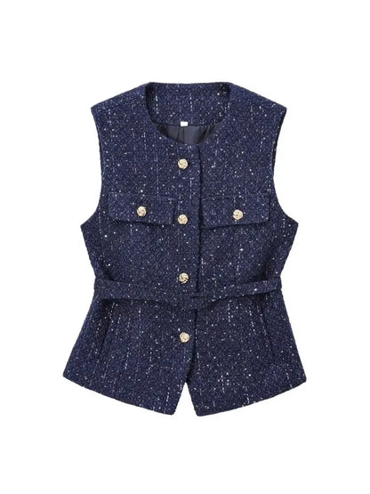 TRZA Women’s Tweed Waistcoat — Sleeveless O-Neck Top with Belt & Front Buttons, Chic Fashion Outerwear