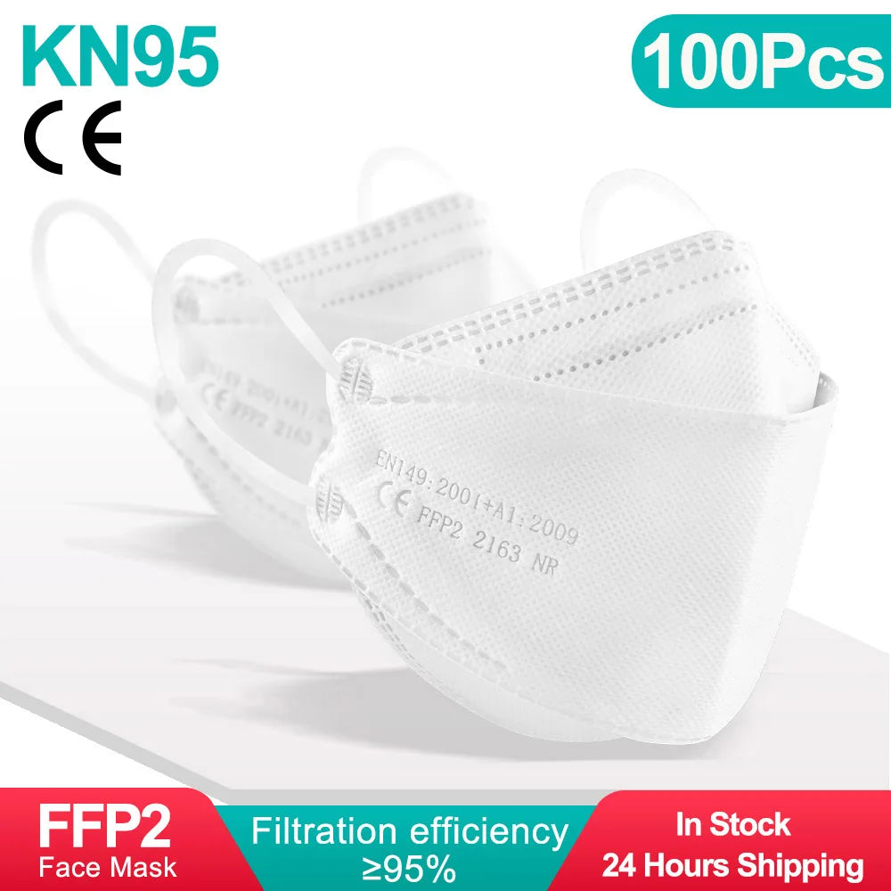 10-100PCS FFP2 Face Masks — CE Approved Disposable KN95 KF94 Black Fish Style Protective Masks