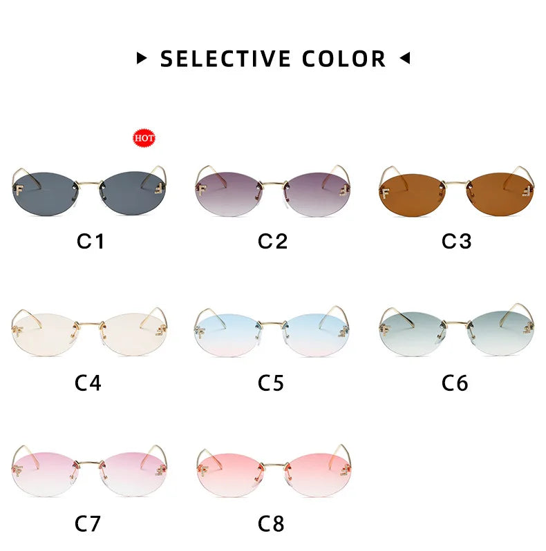 Diamond Letter "F" Rimless Sunglasses | Women’s Luxury Metal Frame Black Oval UV400 Shades