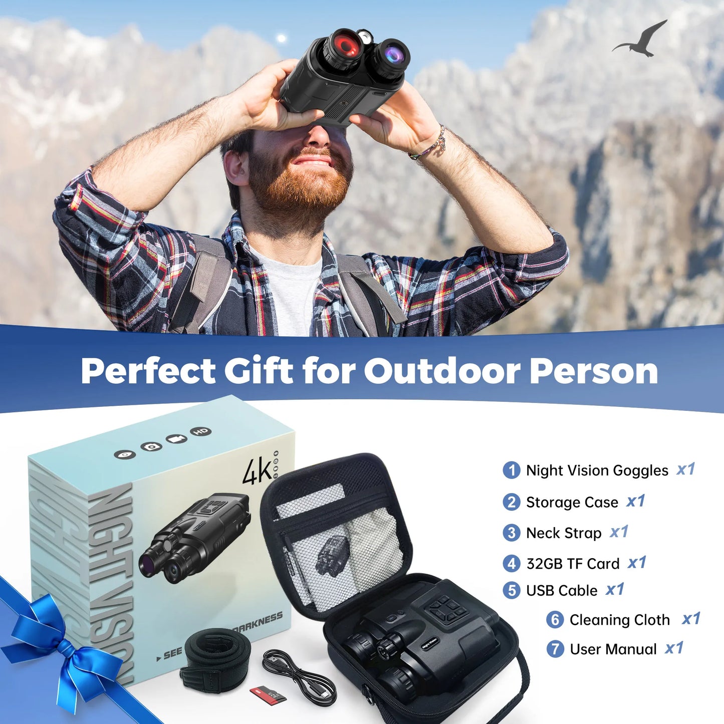 4K Night Vision Binoculars with 3" Screen – 8X Digital Zoom, Infrared Goggles, Tactical Light, 5000mAh Rechargeable