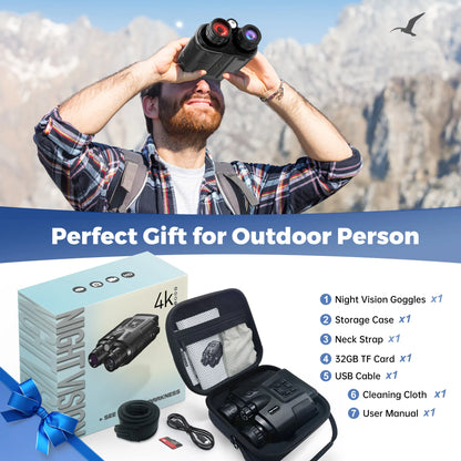 4K Night Vision Binoculars with 3" Screen – 8X Digital Zoom, Infrared Goggles, Tactical Light, 5000mAh Rechargeable
