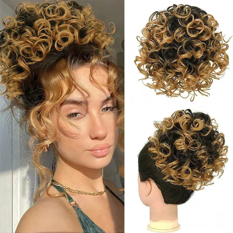 Synthetic Messy Curly Hair Bun – Short Loose Wave Updo Ponytail, Blonde Chignon Hairpiece, Heat-Resistant Extensions for Women