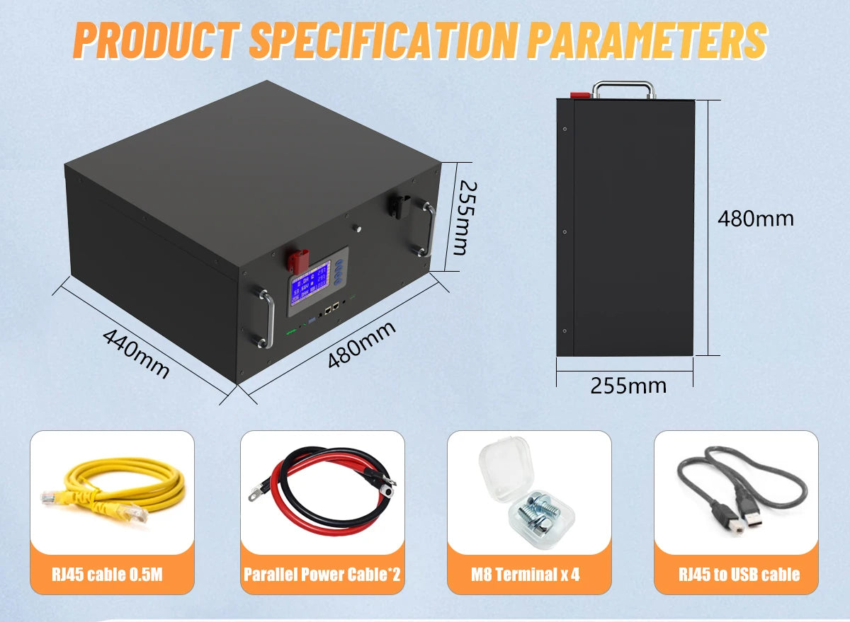LiFePO4 48V 100Ah/200Ah Lithium Solar Battery Pack – 51.2V 10kW, 6000 Cycles, 16S 200A BMS, Max 32 Parallel for Inverter