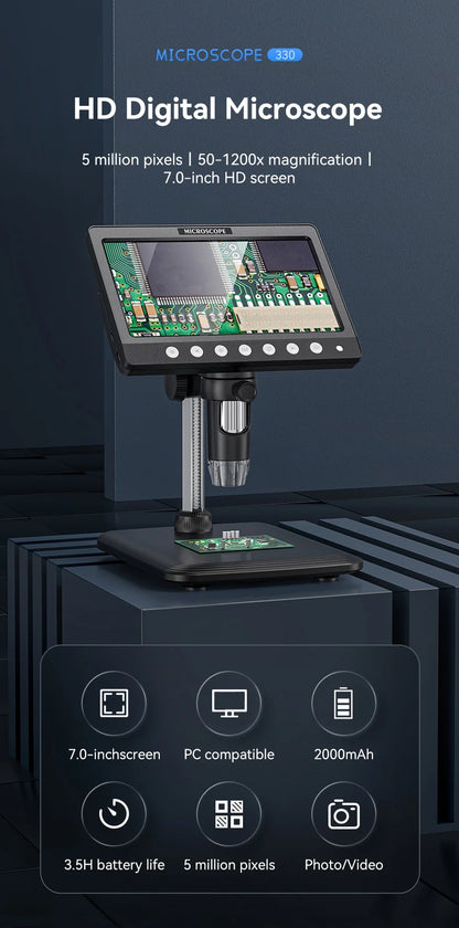 7-Inch IPS Digital Coin Microscope 5MP 1200X – 1080P Ultra-Precise Focusing Camera with 8 LED Lights for Coins & Circuits