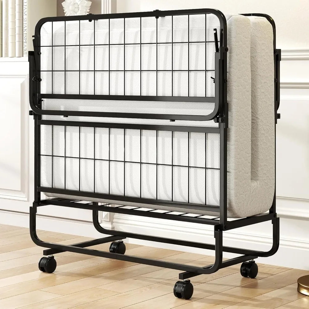 Foldable Twin Size Rollaway Bed with Mattress – Space Saving Portable Guest Bed with Memory Foam, Adult Folding Bed for Home & Travel