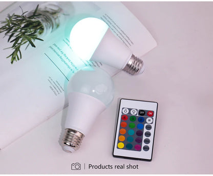 16-Color RGB LED Bulb E27 – Dimmable Multicolor 220V Household Lighting with 24-Key Remote & Neon Atmosphere Light
