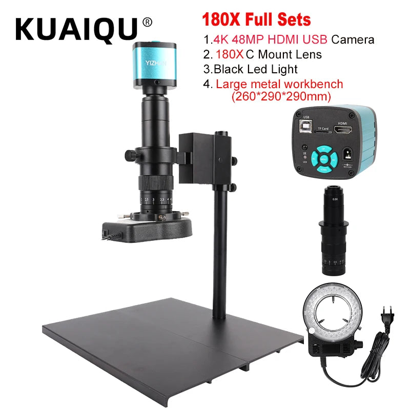 4K 48MP HDMI USB Industrial Microscope Camera – 1-130X/150X/180X Zoom C Lens for Soldering & Repair