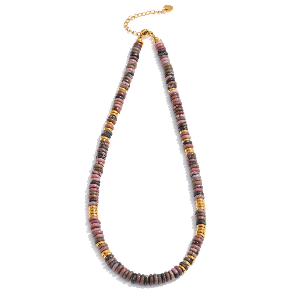 Yhpup Colorful Natural Stone Bead Necklace – Handmade Y2K Stainless Steel Waterproof Chain Jewelry for Women
