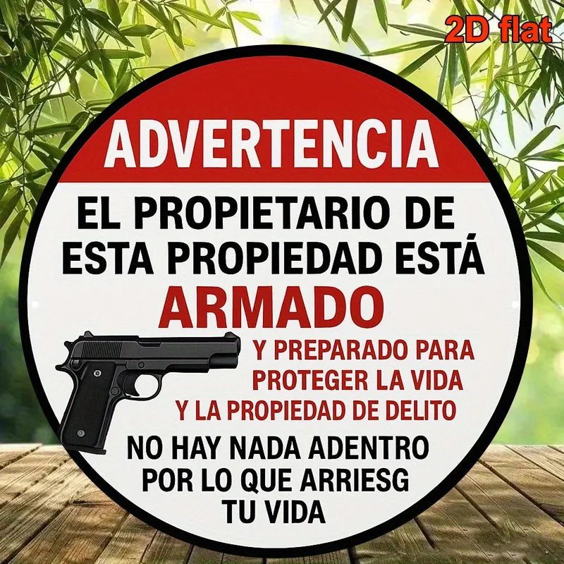 Armed Homeowner Warning Sign - Vintage Round Aluminum Security Plaque in English & Spanish