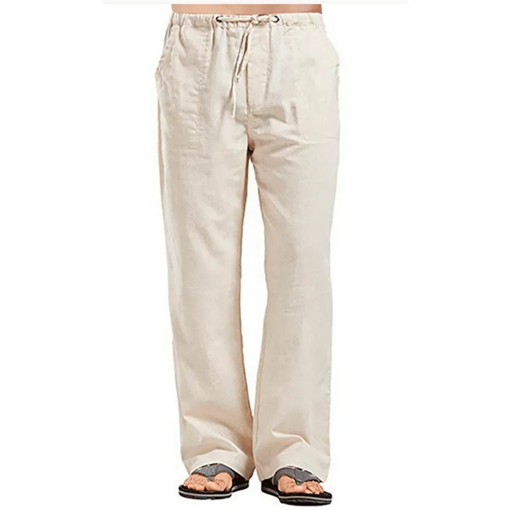 Men's Cotton Linen Pants – Summer Breathable Solid Color Casual Trousers with Elastic Waist