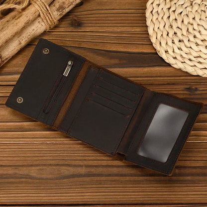 Men’s Genuine Leather Short Wallet with Chain – Trifold Zipper Clutch, Card Holder & Coin Purse