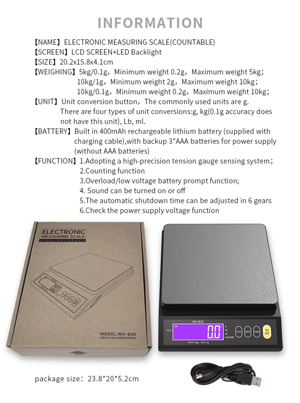 5kg/0.1g and 10kg/1g Digital Electronic Kitchen Scale, LCD Display, Fully Waterproof Stainless Steel Weighing Tool for Baking