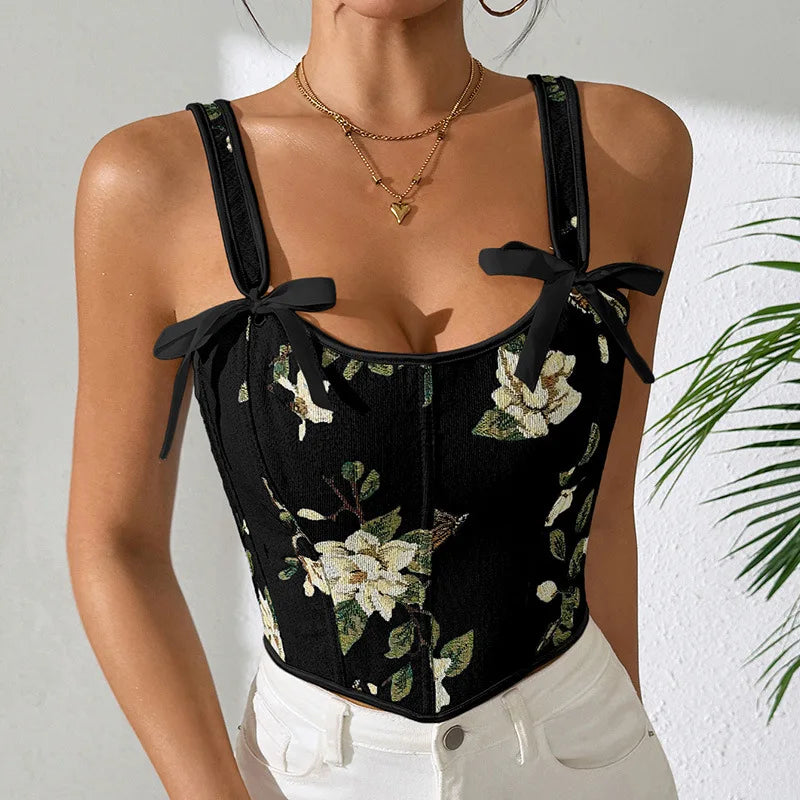 French Style Floral Corset Crop Cami – Bow Tie Lace-Up Spaghetti Strap Fitted Bustier Top for Women