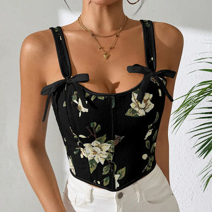French Style Floral Corset Crop Cami – Bow Tie Lace-Up Spaghetti Strap Fitted Bustier Top for Women