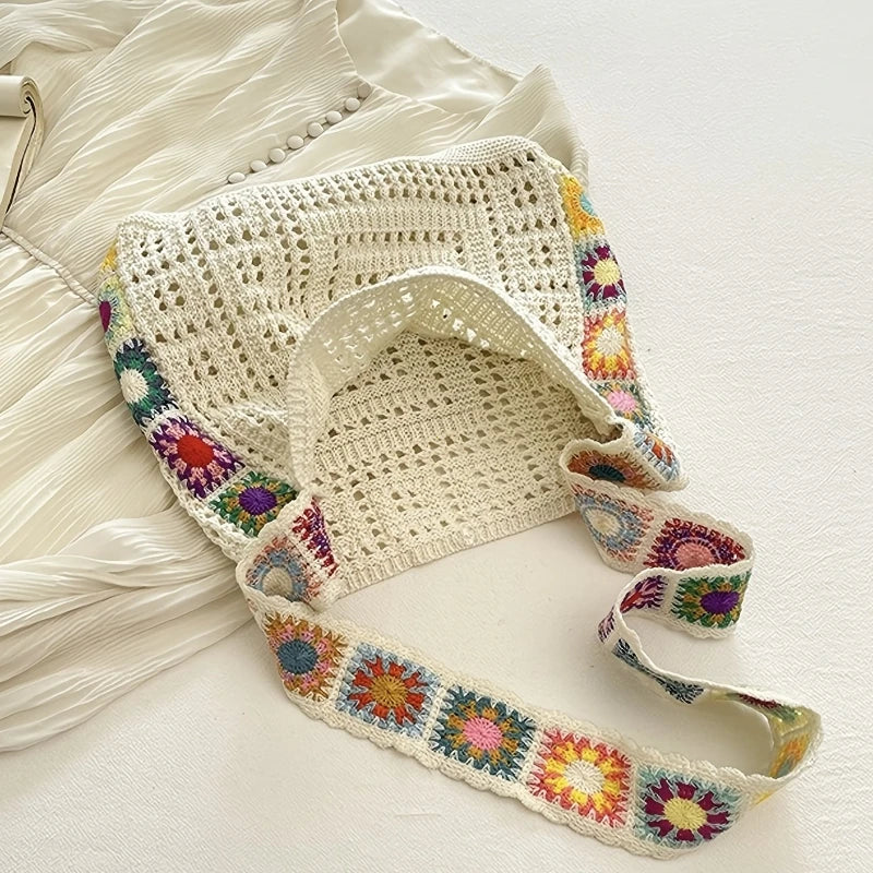 Women’s Boho Crochet Tote Bag – Floral Knitted Large Capacity Beach Shoulder Bag Summer Woven Shopper Handbag