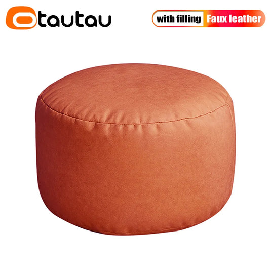 OTAUTAU Small Round Faux Leather Ottoman Stool – Beanbag Pouf Footstool, Floor Seat & Footrest JD004