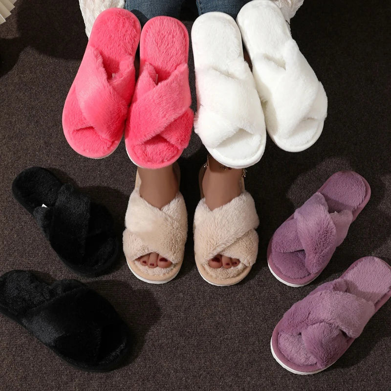 Women’s Fluffy Furry Cross Slippers – Lightweight Flat Fur Slides Non-Slip Open Toe for Autumn & Winter