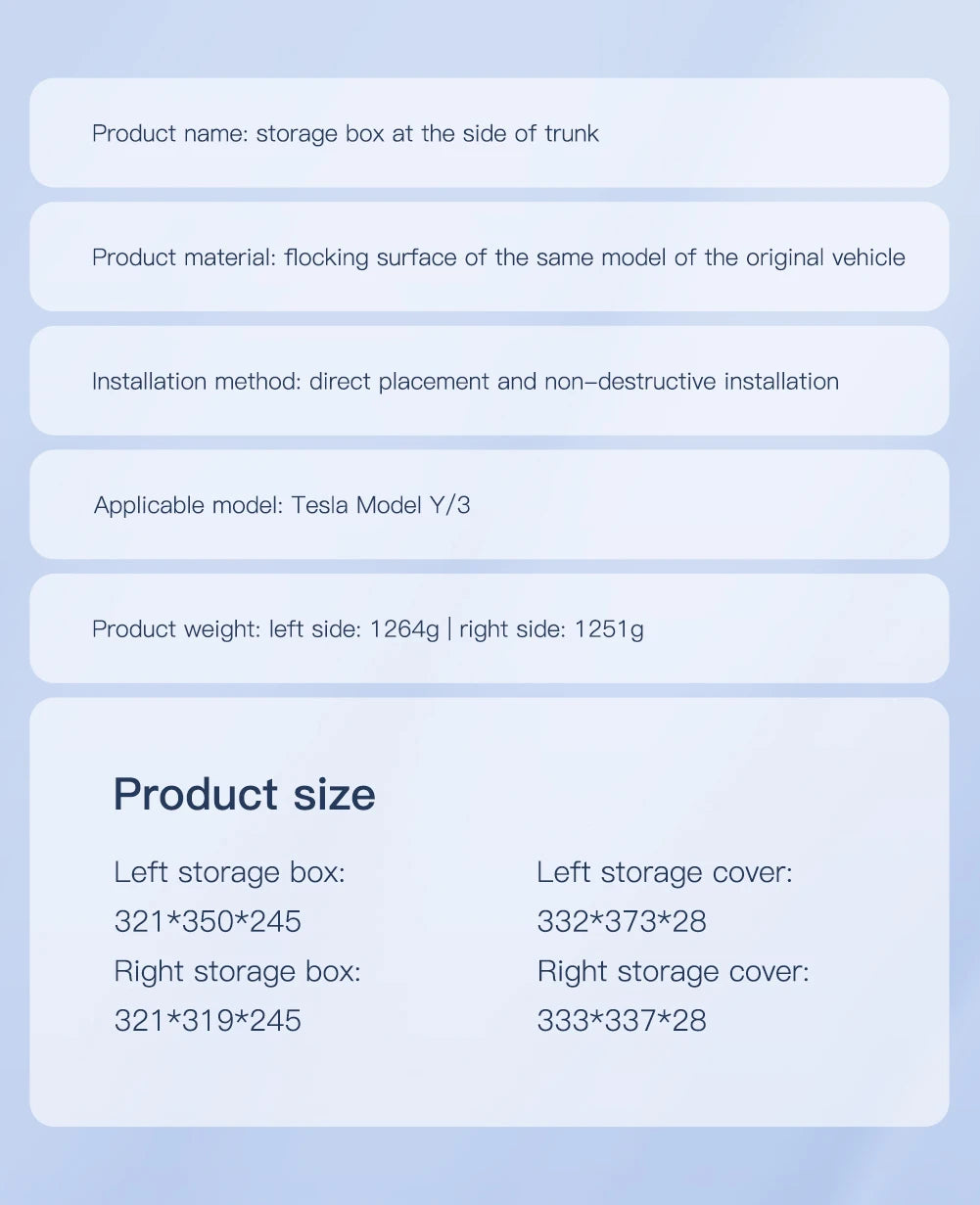 YZ Car Trunk Side Storage Box – Left & Right Organizer for Tesla Model Y Juniper 2021-2025 with Flocking Mat Cover