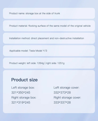 YZ Car Trunk Side Storage Box – Left & Right Organizer for Tesla Model Y Juniper 2021-2025 with Flocking Mat Cover