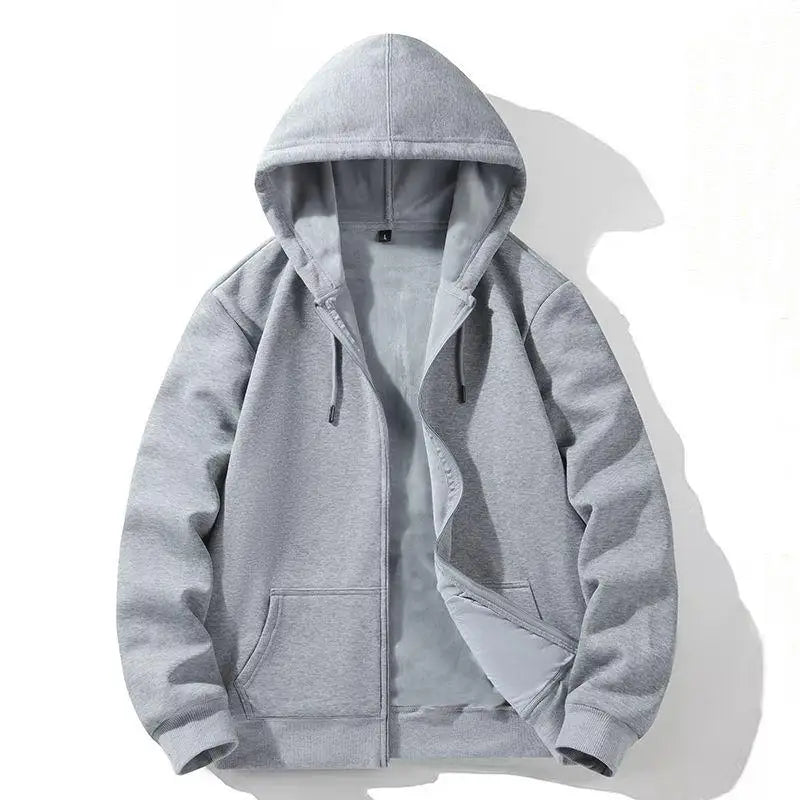 Zipper Hooded Sweatshirt – Autumn Winter Fleece-Lined Cotton Cardigan for Men & Women, Solid Color Y2K Style