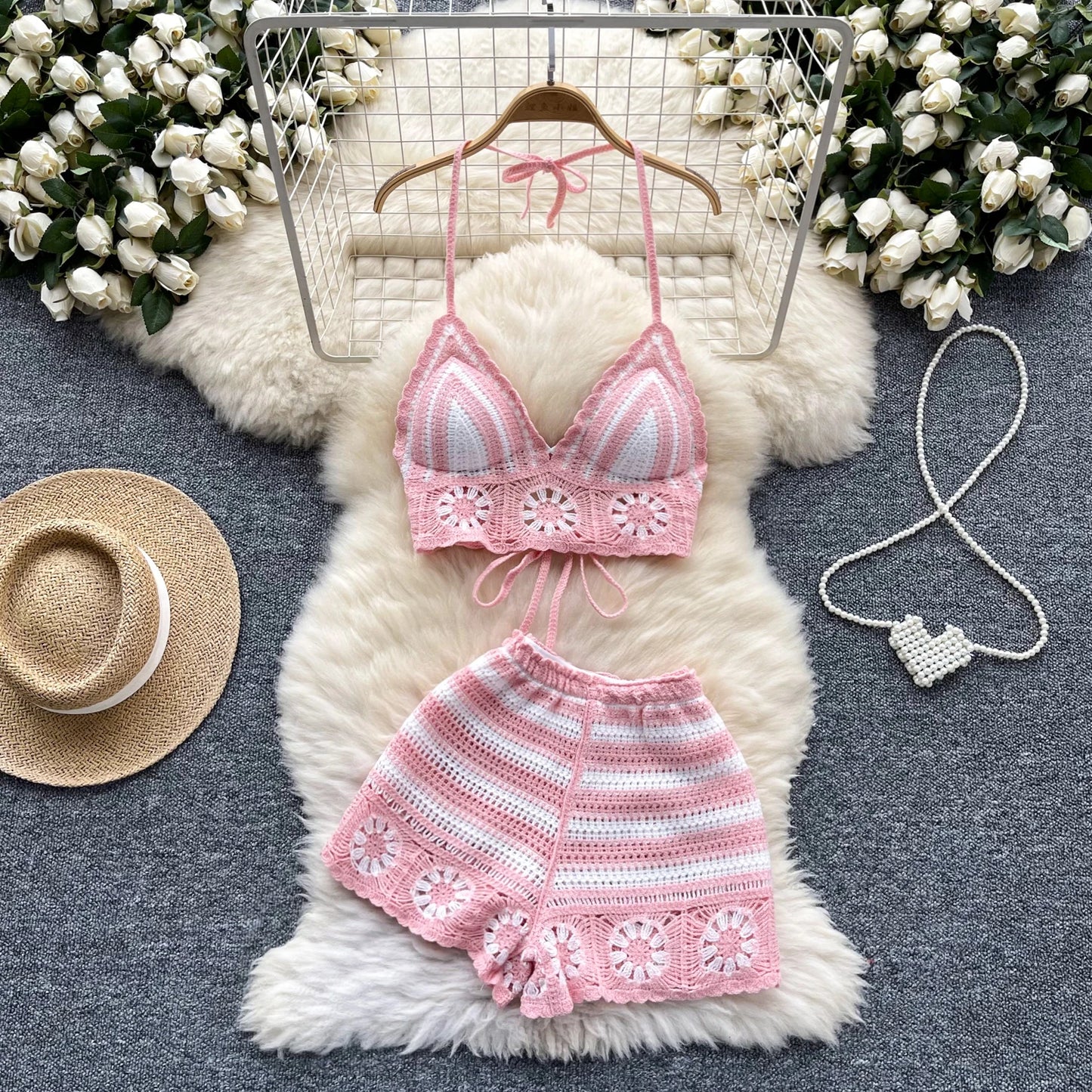 SINGREINY Women's Beach Knit 2-Piece Set – Halter Lace-Up Camis & Elastic Waist Shorts, Hollow Hook Flower Design