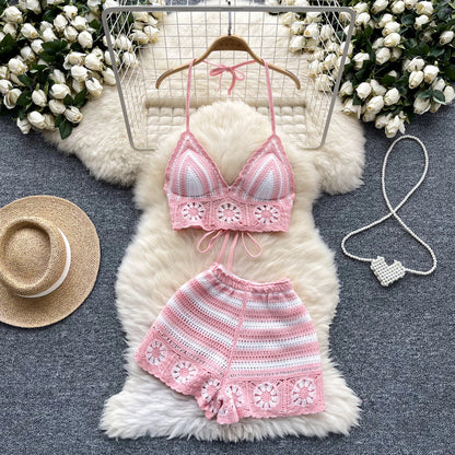 SINGREINY Women's Beach Knit 2-Piece Set – Halter Lace-Up Camis & Elastic Waist Shorts, Hollow Hook Flower Design