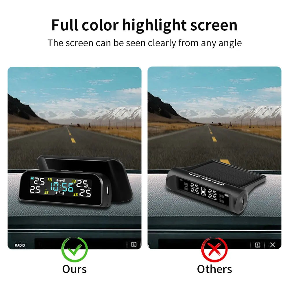 Solar Car TPMS Tire Pressure Monitoring System – 4 External Sensors with Temperature Alarm for Tyre Safety