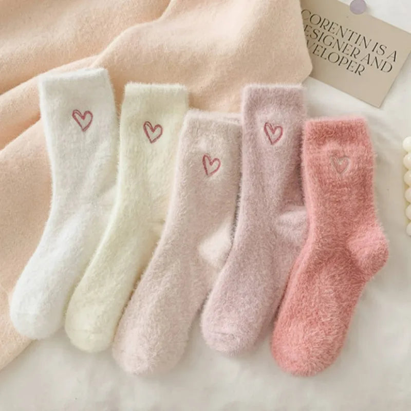 Thickened Pink Mink Fur Heart Embroidered Socks — Women’s Autumn Winter Warm Plush Mid-Tube Home Sleep Socks