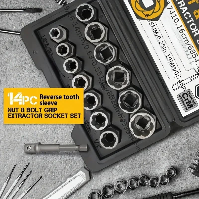 14pcs Damaged Impact Socket Set — Nut & Bolt Extractor/Remover, Chrome Molybdenum Steel with Storage Box