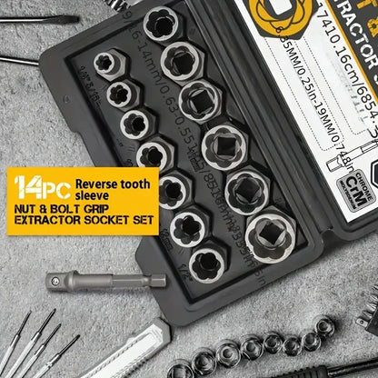 14pcs Damaged Impact Socket Set — Nut & Bolt Extractor/Remover, Chrome Molybdenum Steel with Storage Box