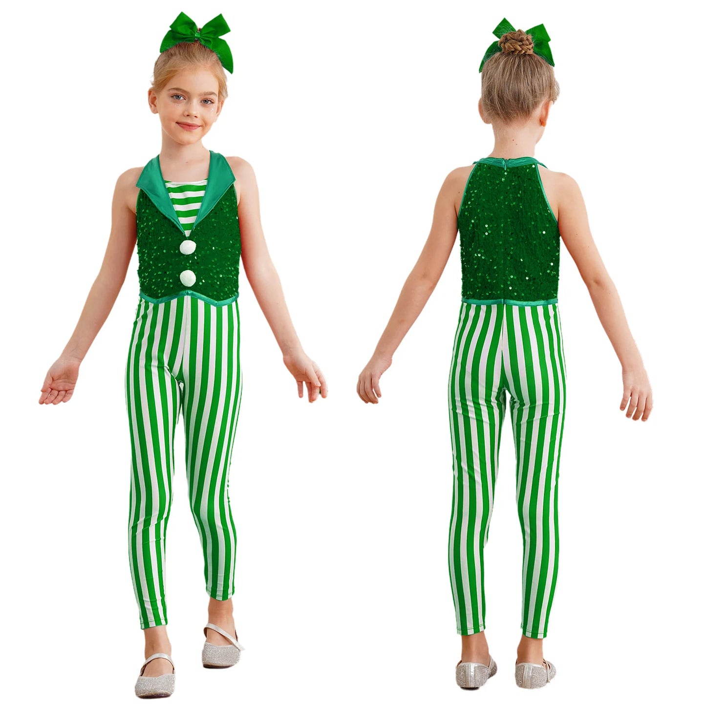 Kids Candy Cane Striped Christmas Tutu Leotard — Sequined Santa Bodysuit for Ballet & Gymnastics