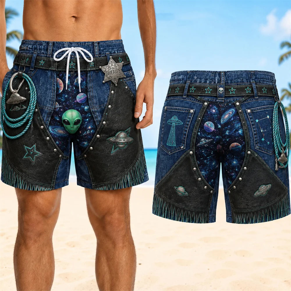 Retro 3D Cowboy Beach Shorts - Men's Quick-Dry Breathable Drawstring Board Shorts