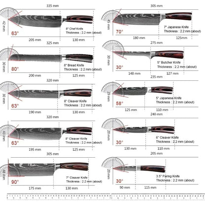 Japanese Santoku Kitchen Knives - Stainless Steel Cleaver, Slicing Knife, Boning Knife, Butcher Cleaver, Laser Damascus Knife