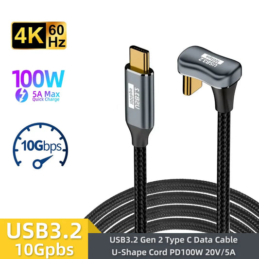 U-Shape USB 3.2 Type-C to Type-C Cable 10Gbps – Thunderbolt 3 Compatible PD 100W 5A Fast Charging Cord for iPhone 15 Pro Max, MacBook, Samsung & Xiaomi